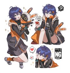 1girl ? bangboo_(zenless_zone_zero) belle_(zenless_zone_zero) black_shirt black_thighhighs chibi crossed_bangs eous_(zenless_zone_zero) fingerless_gloves gloves green_eyes hair_ornament hands_on_own_chin heart highres holding holding_phone hood hooded_jacket jacket letter_hair_ornament looking_at_phone mandaring0 open_clothes open_jacket open_mouth orange_gloves phone shirt shoes single_thighhigh sitting smile thighhighs white_shoes wise_(zenless_zone_zero) zenless_zone_zero