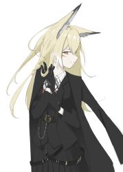 1girl adjusting_clothes adjusting_gloves arknights belt belt_buckle black_belt black_coat black_gloves black_jacket blonde_hair buckle chinese_commentary closed_mouth coat coat_on_shoulders commentary_request facial_scar gloves hand_in_own_hair highres jacket long_hair long_sleeves multicolored_hair profile scar scar_on_cheek scar_on_face simple_background sketch smile solo streaked_hair tassel turning_head vulpisfoglia_(arknights) white_background white_hair yellow_eyes ying_lu_lu
