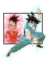 2boys aura black_eyes black_hair dark-skinned_male dark_skin dragon_ball fighting_stance happy martial_arts master_and_apprentice master_and_pupil multiple_boys muscular muscular_male serious smile son_goku uub