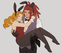 1boy 1girl animal_ear_hairband animal_ears bow bowtie brown_hair carrying closed_eyes commentary cookie_run cookie_run:_ovenbreak croissant_cookie dark-skinned_male dark_skin detached_collar dreadlocks facial_scar fake_animal_ears fishnet_pantyhose fishnets gloves grin hairband hetero high_heels highres hjoe8 holding holding_shoes holding_unworn_clothes leotard long_hair male_playboy_bunny pantyhose playboy_bunny ponytail princess_carry purple_eyes rabbit_ear_hairband rabbit_ears red_hair scar scar_on_arm scar_on_cheek scar_on_face shoes smile string_gummy_cookie traditional_bowtie unworn_shoes vest wrist_cuffs