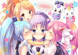10s 4girls aino_megumi bad_id bad_pixiv_id blonde_hair blue_hair blush bow brooch closed_eyes crown cure_fortune cure_honey cure_lovely cure_princess girl_sandwich gold_crown gurasan_(happinesscharge_precure!) hair_ornament happinesscharge_precure! heart heart_brooch heart_hair_ornament hikawa_iona jewelry kuguri_oimo long_hair magical_girl multiple_girls oomori_yuuko open_mouth pink_bow pink_hair ponytail precure purple_eyes purple_hair ribbon_(happinesscharge_precure!) sandwiched shirayuki_hime spoken_blush star_(symbol) twintails wide_ponytail yellow_eyes