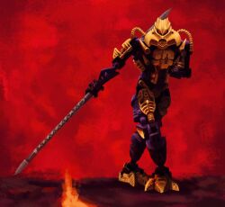 artist_name bionicle brutaka_(bionicle) cable commentary crossed_legs double_blade english_commentary highres holding holding_weapon humanoid_robot lava looking_at_viewer mask neoruke red_background red_eyes robot the_lego_group walking weapon