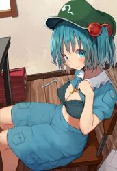 1girl absurdres blue_eyes blue_hair blue_shirt breasts chair clothes_lift flat_cap green_hat hair_bobbles hair_ornament hat highres kappa kawashiro_nitori key large_breasts mamemochi medium_hair on_chair shirt sidelocks solo touhou twintails