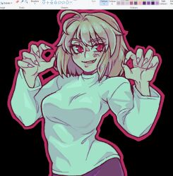 1girl ahoge arcueid_brunestud blonde_hair blush breasts curvy fang fingernails kopichuu large_breasts lips looking_at_viewer microsoft_paint_(medium) paw_pose red_eyes sharp_fingernails short_hair smile sweater tsukihime turtleneck turtleneck_sweater upper_body vampire wide_hips