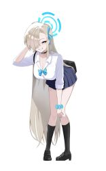1girl asuna_(blue_archive) asuna_(school_uniform)_(blue_archive) bag black_bag black_shoes blonde_hair blue_archive blue_eyes blue_halo blue_ribbon blue_scrunchie blue_skirt breasts cleavage full_body hair_over_one_eye halo highres kneehighs large_breasts leaning_forward long_hair looking_at_viewer mary_janes mole mole_on_chest official_alternate_costume pleated_skirt ribbon school_bag school_uniform scrunchie shirt shoes skirt socks su_suki03 transparent_background very_long_hair white_shirt wrist_scrunchie
