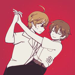 2boys absurdres antenna_hair belt blush brown_hair closed_eyes highres holding_hands maditsu mamiya_takuji minakami_yukito multiple_boys red_background school_uniform smile sweatdrop tsui_no_sora yaoi