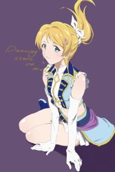 Rule 34 | 1girl, anchor hair ornament, aqua skirt, arikos (hiiro 272), artist request, ayase eli, bare legs, bare shoulders, belt, blonde hair, blue belt, blue boots, blue eyes, blue legwear, blue shirt, blue shorts, blush, boots, bow, breasts, collared shirt, dancing stars on me!, elbow gloves, female focus, frills, full body, gloves, hair between eyes, hair ornament, hair scrunchie, highres, long hair, looking at viewer, love live!, love live! school idol festival, love live! school idol project, medium breasts, midriff, navel, parted lips, ponytail, purple ribbon, ribbon, scrunchie, shirt, short hair, shorts, sitting, skirt, small breasts, smile, solo, white bow, white gloves, white scrunchie, white shirt, white skirt