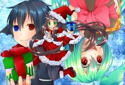 1boy 2girls :d adapted_costume assassin_cross_(ragnarok_online) black_hair black_pantyhose black_wings blue_background blue_eyes blush boots bow bowtie brown_hair christmas closed_mouth commentary_request dress full_body fur-trimmed_boots fur-trimmed_dress fur_trim gift green_hair hat head_wings heterochromia holding holding_gift jumping lif_(ragnarok_online) long_hair looking_at_viewer meiko_(nattu303) multiple_girls open_mouth pantyhose pink_bow pink_bowtie plant_hair pom_pom_hat_ornament ragnarok_online red_boots red_dress red_eyes santa_costume santa_hat short_hair smile teeth unmoving_pattern upper_body upper_teeth_only v-shaped_eyebrows wings