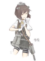 Rule 34 | 1girl, adjusting clothes, adjusting gloves, bike shorts, binoculars, brown hair, character name, collared shirt, commentary request, cosplay, dated, gloves, headgear, kagerou (kancolle), kagerou (kancolle) (cosplay), kantai collection, kawashina (momen silicon), neck ribbon, open mouth, ribbon, shirt, short hair, short sleeves, signature, simple background, skirt, solo, white background, white gloves, white shirt, yellow eyes, yellow ribbon, yukikaze (kancolle)