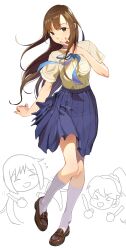 &gt;_&lt; 3girls ^_^ absurdres amatsu_amaguri arm_at_side blue_neckerchief blue_skirt brown_hair brown_shoes closed_eyes closed_mouth collared_shirt commentary_request doodle_inset double-parted_bangs dress_shirt fingernails floating_clothes floating_hair full_body hand_to_own_mouth highres idolmaster idolmaster_cinderella_girls kneehighs light_smile long_fingernails long_hair mellow_yellow_(idolmaster) mizumoto_yukari multiple_girls nail_polish nakano_yuka neckerchief open_mouth orange_eyes orange_nails penny_loafers pleated_skirt ponytail shiina_noriko shirt shoes short_sleeves skirt smile socks solo_focus split_mouth spread_fingers straight_hair twintails variant_set white_socks yellow_shirt
