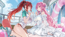 2girls absurdres ass azuki_yui ball bare_shoulders beachball bikini blush breasts choker closed_mouth commentary_request curvy day dorothy_(nikke) dress goddess_of_victory:_nikke highleg highleg_bikini highres holding kneeling large_breasts long_hair long_sleeves looking_at_another multiple_girls official_alternate_costume outdoors pink_hair ponytail purple_eyes rapi_(nikke) rapi_(red_hood)_(nikke) rapi_(red_hood)_(red_flavor)_(nikke) red_bikini red_eyes red_hair sandals shiny_skin shirt short_sleeves side-tie_bikini_bottom smile swimsuit t-shirt thighs thong thong_bikini white_dress wide_hips