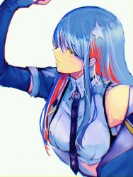 Rule 34 | 1girl, arm up, black necktie, blue hair, breasts, closed mouth, collared shirt, commentary request, flexing, from side, hair between eyes, highres, kantai collection, kouga (mutsumi), long hair, multicolored hair, necktie, profile, red hair, shirt, simple background, sleeveless, sleeveless shirt, solo, south dakota (kancolle), star (symbol), upper body, white hair, white shirt, yellow eyes