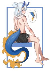 1girl absurdres bare_back blue_eyes double_bun dragon_girl dragon_girl_(wuju59) eastern_dragon_horns eastern_dragon_tail eiferqimuyu full_body hair_bun highres looking_at_viewer looking_back original shorts sitting solo sweat topless_female towel towel_around_neck white_hair