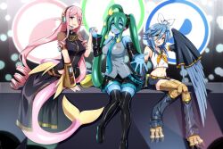3girls aqua_necktie arm_tattoo belt black_boots black_skirt blue_eyes blue_hair blue_sailor_collar blue_shorts blue_wings boots breasts commentary commission cosplay cropped_shirt detached_sleeves english_commentary feathered_wings green_hair grey_shirt hair_between_eyes hair_ornament hairclip harpy hatsune_miku hatsune_miku_(cosplay) headset holding_hands kagamine_rin kagamine_rin_(cosplay) large_breasts leg_warmers lindaroze long_hair long_sleeves looking_at_viewer megurine_luka megurine_luka_(cosplay) mermaid meroune_lorelei monster_girl monster_musume_no_iru_nichijou multiple_girls nail_polish navel neckerchief necktie number_tattoo open_mouth papi_(monster_musume) pink_hair pleated_skirt pointy_ears reaching reaching_towards_viewer sailor_collar scales shirt short_shorts shorts sitting skirt sleeves_past_fingers sleeves_past_wrists slime_girl smile suu_(monster_musume) talons tattoo teeth tentacle_hair thigh_boots twintails upper_teeth_only very_long_hair vocaloid white_shirt wide_sleeves winged_arms wings yellow_eyes