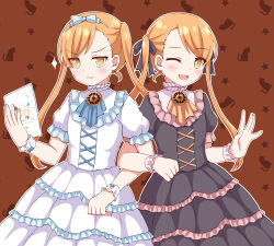 Rule 34 | 2girls, :3, ;d, anima yell!, arima hizume, black dress, brown background, cosplay, dress, frilled dress, frills, hair ribbon, hatoya kohane, highres, kirara fantasia, ma tsukasa, multiple girls, one eye closed, open mouth, orange eyes, orange hair, ribbon, salt (kirara fantasia), salt (kirara fantasia) (cosplay), sawatari uki, siblings, simple background, smile, sugar (kirara fantasia), sugar (kirara fantasia) (cosplay), suzuko nekoya, tamako nekoya, twins, twintails, waving hands, white dress