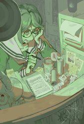 1girl absurdres bug can commentary crumpled_paper cup_ramen danganronpa:_trigger_happy_havoc danganronpa_(series) desk_lamp drink_can english_commentary fukawa_toko glasses green_theme head_rest highres holding holding_pen lamp limited_palette long_sleeves neckerchief notebook otomegrandma paper pen photo_(object) round_eyewear sailor_collar silk solo spider_web togami_byakuya writing