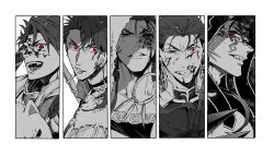 5boys blood blood_on_face cu_chulainn_(caster)_(fate) cu_chulainn_(fate) cu_chulainn_(fate/prototype) cu_chulainn_(fate/stay_night) cu_chulainn_alter_(fate) dog earrings facial_mark fangs fate/grand_order fate_(series) greyscale highres hood hood_up jewelry long_hair male_focus maripaka monochrome multiple_boys open_mouth red_eyes setanta_(fate) sharp_teeth spot_color teeth uneven_eyes