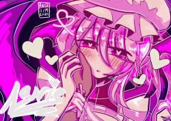 Rule 34 | apron, bandaged arm, bandages, black background, black souls, black souls 2, blush, colored skin, demon girl, demon wings, english text, frilled apron, frilled sleeves, frills, furrowed brow, hair between eyes, hair over eyes, hand on another&#039;s face, hand on another&#039;s hand, hand up, hat, head wings, heart, heart-shaped pupils, highres, looking at viewer, mob cap, open mouth, pink background, pink eyes, pink hair, pink wings, raisutea, red shirt, shirt, side ponytail, signature, simple background, single sidelock, spiral background, symbol-shaped pupils, victoria (black souls), white apron, white hat, wings