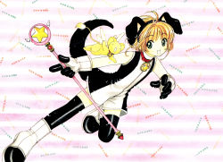 1990s_(style) 1girl absurdres animal_ears antenna_hair black_thighhighs boots cardcaptor_sakura child clamp dog_ears fake_animal_ears female_focus highres hoshi_no_tsue kerberos kero_(cardcaptor_sakura) kinomoto_sakura magical_girl retro_artstyle solo tail thighhighs