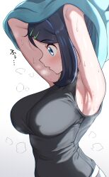 1girl absurdres armpits black_hair black_tank_top blue_eyes blush breasts commentary_request gradient_background hair_ornament hairclip heavy_breathing highres hot kiteman442 large_breasts liko_(pokemon) multicolored_hair nintendo pokemon pokemon_(anime) pokemon_horizons shorts simple_background sleeveless sweat sweater tank_top undressing white_background