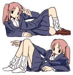 1girl absurdres barefoot blue_jacket blue_skirt full_body highres iwashi_iwashimo jacket loafers lying multiple_views on_back on_side open_mouth original pink_hair shoes simple_background skirt socks twintails white_background white_socks