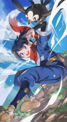 1boy :d bird black_hair black_shirt blue_eyes blue_jacket blue_pants brown_footwear cloud commentary_request dated day floating_scarf gen_4_pokemon grass hand_up happy highres jacket kado_51 male_focus nintendo open_mouth outdoors pants pokemon pokemon_(creature) pokemon_legends:_arceus ponytail red_scarf rei_(pokemon) scarf shirt shoes short_ponytail signature sky smile socks starly teeth tongue upper_teeth_only white_socks