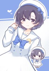 Rule 34 | 1girl, absurdres, arm behind back, beret, black eyes, black hair, blue background, blue bow, blue bowtie, blue ribbon, blush, bow, bowtie, breasts, brown shoes, buttons, chibi, closed mouth, coa co coa, collarbone, cowboy shot, dot nose, dress, forehead, full body, hand up, hands up, hat, heart, highres, idolmaster, idolmaster cinderella girls, idolmaster cinderella girls starlight stage, long sleeves, looking at viewer, no nose, parted bangs, polka dot, polka dot background, ribbon, sailor collar, sailor dress, shiragiku hotaru, shoes, short hair, signature, small breasts, smile, thighhighs, twitter username, white hat, white sailor collar, white thighhighs