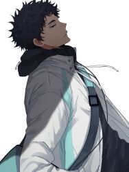 Rule 34 | 1boy, absurdres, black eyes, black hair, black hoodie, carrying bag, character request, expressionless, haikyuu!!, highres, hood, hood down, hoodie, jacket, kwonrugger, male focus, matsukawa issei, multicolored jacket, open clothes, open jacket, parted lips, simple background, solo, teeth, two-tone jacket, upper body, white background