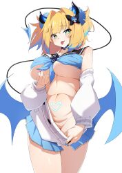 +_+ 1girl absurdres bikini black_horns blonde_hair blue_bikini blue_eyes blue_hair blue_skirt blue_wings blush bombergirl breasts commentary_request cowboy_shot demon_girl demon_tail demon_wings detached_sleeves finger_heart hair_intakes heart highres horns large_breasts looking_at_viewer medium_hair miniskirt multicolored_hair navel nouka open_mouth pine_(bombergirl) pleated_skirt pubic_tattoo sailor_bikini sailor_collar simple_background skirt smile solo swimsuit tail tattoo two-tone_hair white_background white_sleeves wings yellow_pupils