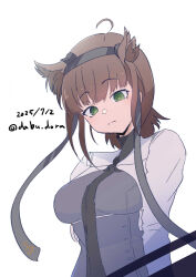 1girl absurdres black_dress black_necktie brown_hair dabu_dora dated dress green_eyes hair_flaps hatsuzuki_(kancolle) hatsuzuki_kai_ni_(kancolle) highres kantai_collection necktie one-hour_drawing_challenge short_hair shrug_(clothing) simple_background solo twitter_username upper_body white_background white_shrug