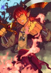 1boy absurdres black_horns blue_fire bracer clenched_hand collarbone commentary_request cowboy_shot dark-skinned_male dark_skin demon_boy dragon_quest dragon_quest_x facial_hair fire fur_vest gem grin head_tilt highres holding holding_sword holding_weapon horns jewelry long_hair looking_at_viewer male_focus messy_hair necklace pants pointy_ears red_gemstone red_hair red_pants red_sash sash satounu shirt skull_necklace sleeves_rolled_up smile smoke solo stubble sword weapon white_shirt yellow_eyes yushuka_(dragon_quest)