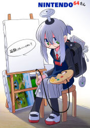 Rule 34 | 1girl, apron, backpack, bag, black jacket, black pantyhose, blue apron, canvas (object), computer mouse, controller, copyright name, easel, game console, game controller, glasses, green eyes, grey skirt, hair between eyes, highres, holding, holding controller, holding game controller, jacket, jimiko, jitome, joystick, looking at viewer, mother (series), necktie, nintendo, nintendo 64, nintendo 64-tan, nintendo 64 controller, nintendo 64dd, painting (object), pantyhose, personification, ponytail, rascal (feuille), red necktie, shadow, shirt, shoes, short ponytail, sitting, skirt, solo, speech bubble, stool, white shirt, white shoes, wooden floor