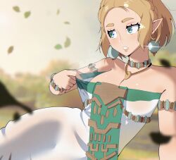 1girl absurdres armlet bare_shoulders blonde_hair blue_eyes blurry bracelet braid breasts choker clothes_pull commentary crown_braid depth_of_field dress earrings english_commentary falling_leaves gjh highres jewelry leaf long_hair magatama magatama_necklace necklace nintendo outdoors pointy_ears princess_zelda pulling_own_clothes short_hair solo strapless strapless_dress the_legend_of_zelda the_legend_of_zelda:_tears_of_the_kingdom white_dress