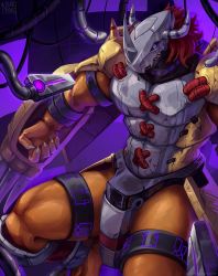 1boy armor claws collar digimon digimon_(creature) furry furry_male glowing horns leg_up mask mecha multicolored_eyes muscular nurinaki red_hair robot sharp_teeth solo spread_legs teeth thigh_strap thighs wargreymon wire