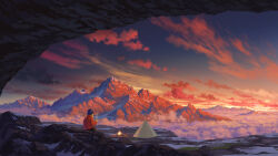 1other absurdres beanie blonde_hair campfire cloud commentary_request cup dusk facing_away grass hat highres holding holding_cup jacket mountain orange_sky original outdoors pei_(sumurai) red_jacket scenery sitting sky snow tent