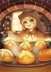 Rule 34 | 1girl, :d, absurdres, animal ears, apron, blonde hair, bread, commentary request, food, green eyes, hi hiiii, highres, indoors, jar, open mouth, original, oven mitts, ponytail, shelf, smile, solo, white apron, window