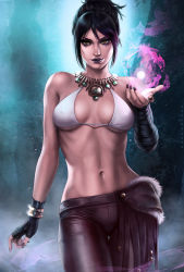 1girl artist_name asymmetrical_clothes bare_shoulders bikini bikini_top_only black_hair black_lips bracelet breasts breasts_apart dandon_fuga dragon_age eyeshadow female_focus fingerless_gloves gloves jewelry large_breasts lipstick looking_at_viewer magic makeup midriff morrigan_(dragon_age) nail_polish navel necklace pants short_hair single_fingerless_glove smile solo standing swimsuit tight_clothes tight_pants toned white_bikini yellow_eyes