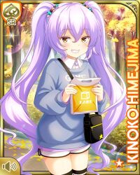 1girl autumn black_thighhighs brown_eyes card_(medium) character_name closed_mouth food-themed_hair_ornament girlfriend_(kari) grey_shirt hair_ornament himejima_kinoko long_hair long_sleeves official_art outdoors purple_hair qp:flapper shirt shoes shorts smile sparkle standing thighhighs twintails very_long_hair white_shirt white_shorts