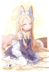 1girl alternate_costume animal_ear_fluff animal_ears apron bird black_dress blue_archive cross_halo detached_sleeves dress enmaided extra_ears forehead fox_ears fox_girl frilled_apron frilled_dress frilled_sleeves frills halo harada_(sansei_rain) highres long-tailed_tit looking_at_viewer maid maid_apron maid_headdress pantyhose seia_(blue_archive) sitting solo striped_clothes striped_pantyhose tit_(bird) waist_apron wariza white_apron white_bird white_pantyhose yellow_halo