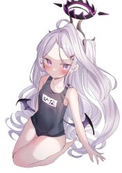 1girl absurdres ahoge black_halo blue_archive blush breasts halo highres hina_(blue_archive) hina_(swimsuit)_(blue_archive) long_hair looking_at_viewer old_school_swimsuit purple_eyes rip_1031 school_swimsuit simple_background sitting small_breasts solo swimsuit white_background white_hair