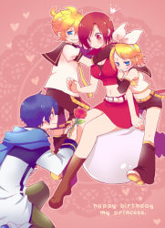 Rule 34 | 2boys, 2girls, birthday, blonde hair, blue eyes, blue hair, blush, breasts, brown eyes, brown hair, cleavage, flower, kagamine len, kagamine rin, kaito (vocaloid), kneeling, meiko (vocaloid), midriff, miniskirt, multiple boys, multiple girls, rose, sitting, skirt, vocaloid