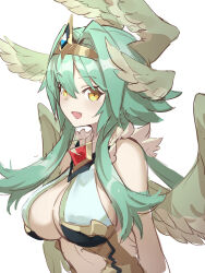 1girl bare_shoulders breasts green_hair highres large_breasts open_mouth puzzle_&amp;_dragons wamachi_(hamachi_oekaki) wings yellow_eyes
