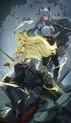 Rule 34 | 1girl, absurdres, ahoge, armlet, bare shoulders, black gloves, black horns, black jacket, black pants, black shoes, black tail, blonde hair, breasts, chest harness, closed mouth, commentary, curled horns, dual persona, earrings, english commentary, gloves, greatsword, grey hair, hair between eyes, harness, high heels, highres, holding, holding pocket watch, holding shield, holding sword, holding weapon, horns, jacket, jacket on shoulders, jewelry, key earrings, large breasts, long hair, looking afar, looking at viewer, mole, mole under eye, necktie, pants, pocket watch, qilinv, red eyes, red necktie, shield, shirt, shirt tucked in, shoes, sideways glance, sword, tail, tight clothes, tight pants, torn clothes, torn shirt, watch, weapon, white shirt, wuthering waves, zani (wuthering waves)
