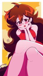 absurdres ahoge blush border breasts brown_hair cloud crossed_legs dress eyelashes friday_night_funkin&#039; girlfriend_(friday_night_funkin&#039;) hair_between_eyes hands_on_own_cheeks hands_on_own_face hardkoba heart heart-shaped_pupils highres john_captain long_hair looking_at_viewer looking_down newgrounds raised_eyebrows red_dress steve_(tankmen) symbol-shaped_pupils tankman_(newgrounds) wavy_hair white_border yellow_background
