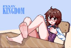 1girl absurdres barefoot blush brown_eyes brown_hair cellphone chair feet feet_on_table glasses highres kingdom_(user_ysav4824) long_hair looking_at_viewer open_mouth phone pixel_art smartphone soles toes touhou usami_sumireko