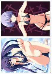 2girls absurdres aoi_sena barefoot bikini black_bikini black_bra black_panties blue_hair blush bra breasts chaos;head chaos;head_love_chu_chu! dated ears_visible_through_hair exif_rotation feet foot_focus foreshortening hand_under_clothes highres kishimoto_ayase legs long_hair looking_at_viewer matsuo_yukihiro multiple_girls navel no_shoes non-web_source official_art open_mouth panties pink_eyes presenting_foot purple_eyes purple_hair sitting soles solo spread_toes stomach swimsuit toe_scrunch toes tongue underwear wet