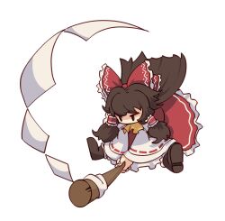 1girl ascot ay606078 bow brown_hair frilled_skirt frills full_body gohei hair_bow hair_tubes hakurei_reimu hashtag-only_commentary highres holding long_hair medium_hair red_bow red_skirt ribbon-trimmed_sleeves ribbon_trim shoes sidelocks simple_background skirt solo touhou white_background yellow_ascot