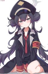 1girl armband black_coat black_hat black_shirt blue_archive braid braided_bun coat cosplay double_bun fluffy_hair gehenna_academy_logo grey_eyes grey_halo hair_between_eyes hair_bun halo hat highres iroha_(blue_archive) iroha_(blue_archive)_(cosplay) kisaki_(blue_archive) long_hair long_sleeves looking_at_viewer loose_necktie necktie open_clothes open_coat peaked_cap red_armband red_necktie safety_pin sazamiso_rx shirt solo twintails very_long_hair