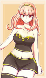 Rule 34 | 1girl, absurdres, armor, bare shoulders, black shirt, black shorts, black thighhighs, breasts, broken armor, celica (fire emblem), cleavage, collarbone, earrings, fire emblem, fire emblem echoes: shadows of valentia, fire emblem warriors, gold trim, highres, jewelry, large breasts, long hair, midriff, navel, nintendo, official alternate costume, orange eyes, orange hair, princess, raydango, red eyes, red hair, shirt, shorts, strapless, strapless shirt, thighhighs, tiara