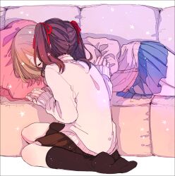 2girls amane_(7783) black_skirt black_socks blue_skirt brown_hair cardigan character_request closed_eyes commentary_request couch cushion hair_ribbon highres holding_hands idolmaster idolmaster_cinderella_girls kiss kneehighs lying multiple_girls on_couch on_side pink_cardigan pleated_skirt red_ribbon ribbon seiza sitting skirt sleeping socks sweater twintails white_sweater yuri